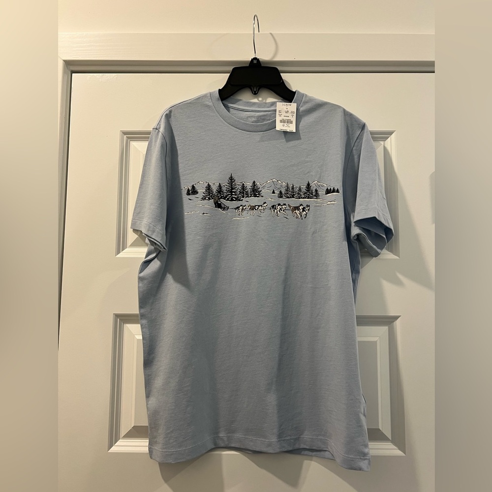 J.Crew Women’s Husky Sledding Light Blue Graphic T-Shirt Size Small NWT